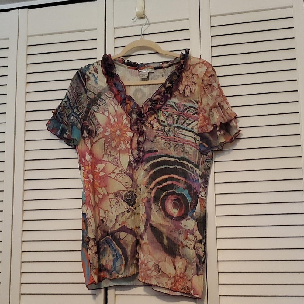 **Alberto Makali Pink and Brown Graphic Ruffled Blouse
